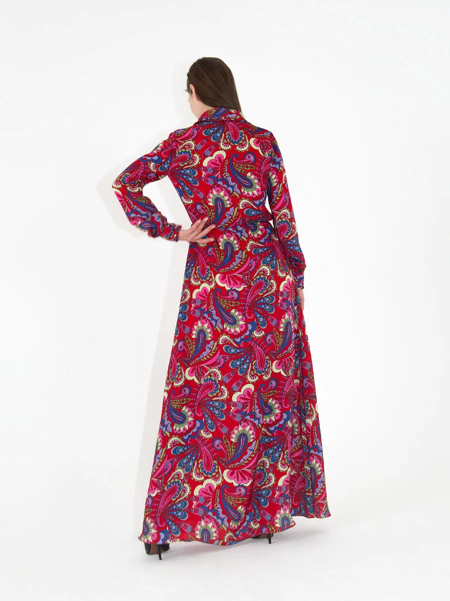 Jacqueline Crepe Shirt Maxi Dress - Paisley Red