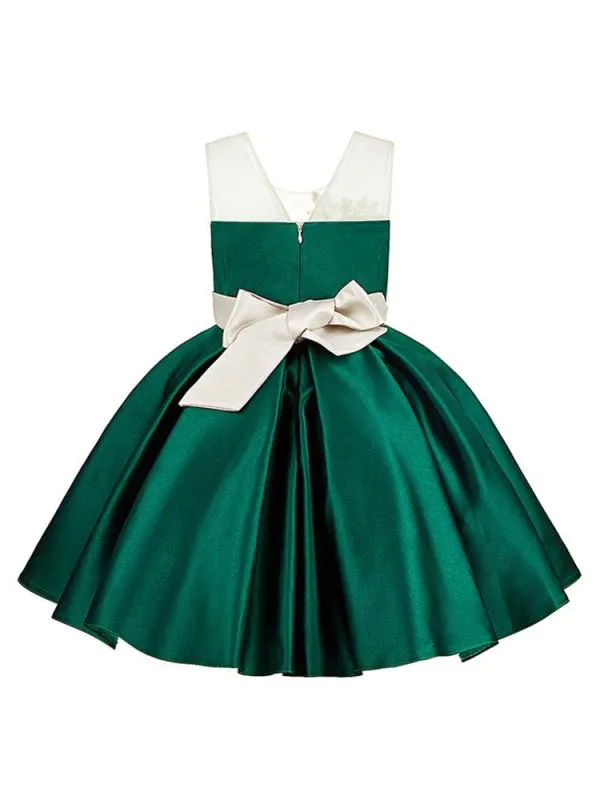 Jewel Neck Flower Girl Dresses Sleeveless Knee Length Ball Gown Bows Kids Party Dresses