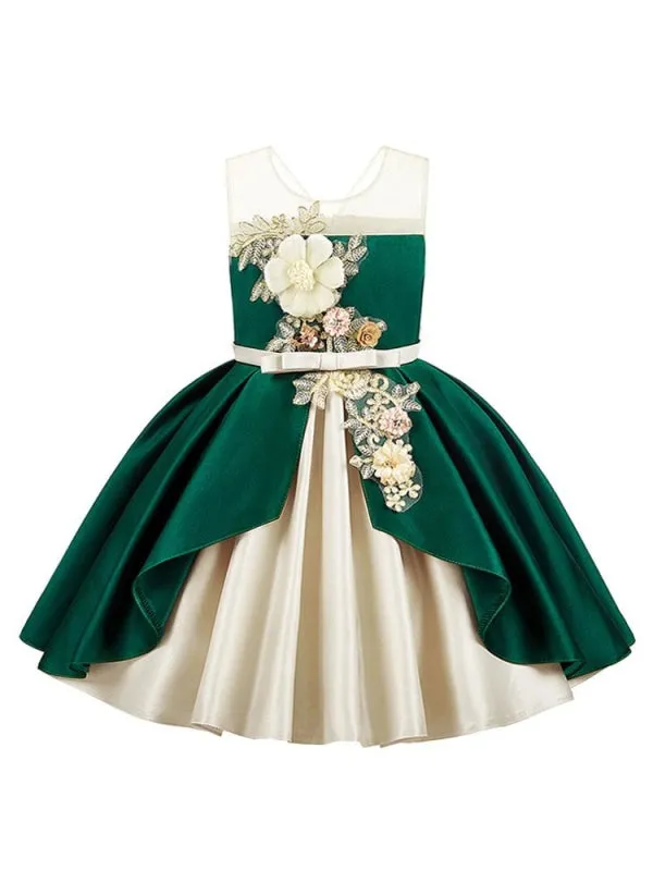 Jewel Neck Flower Girl Dresses Sleeveless Knee Length Ball Gown Bows Kids Party Dresses