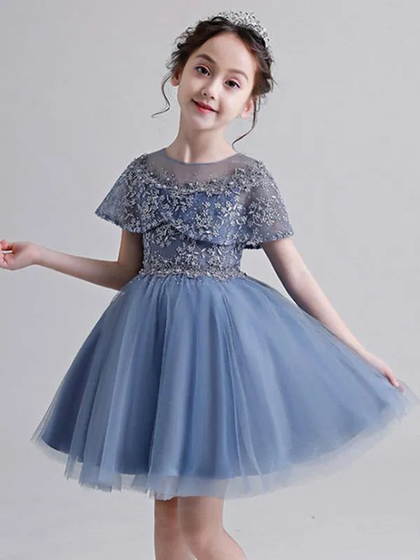 Jewel Neck Sleeveless Knee Length Embroidered Kids Party Dresses With Wrap