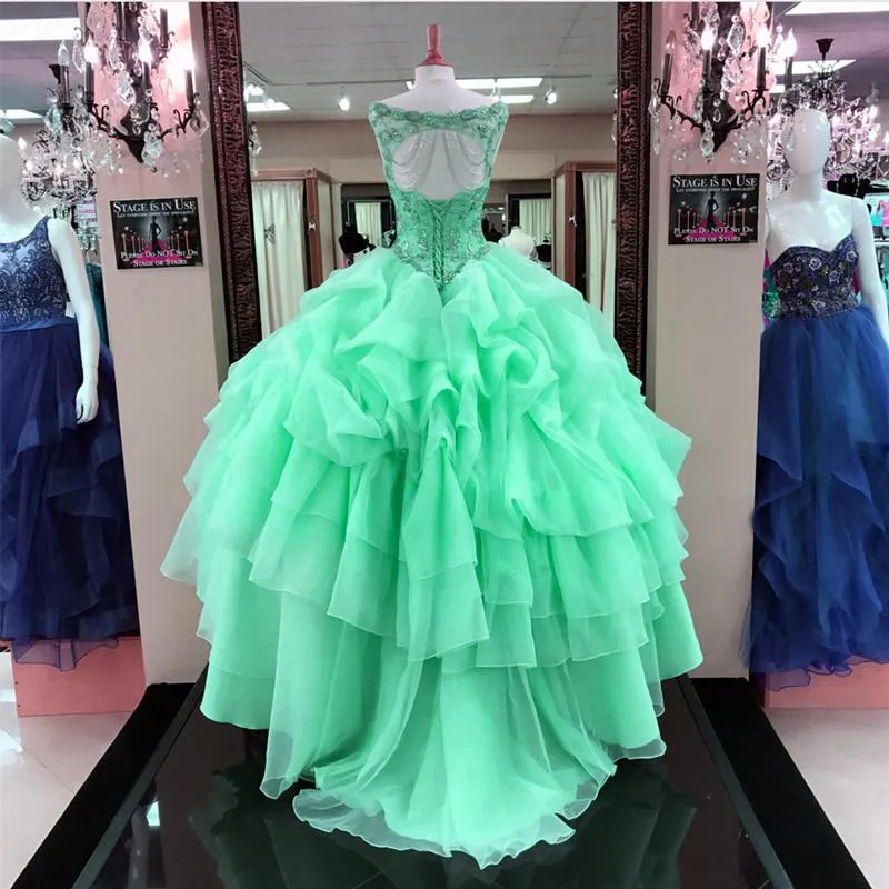 Jewelry Neck Beaded Bodice Organza Layered Ball Gowns Quinceanera Dresses