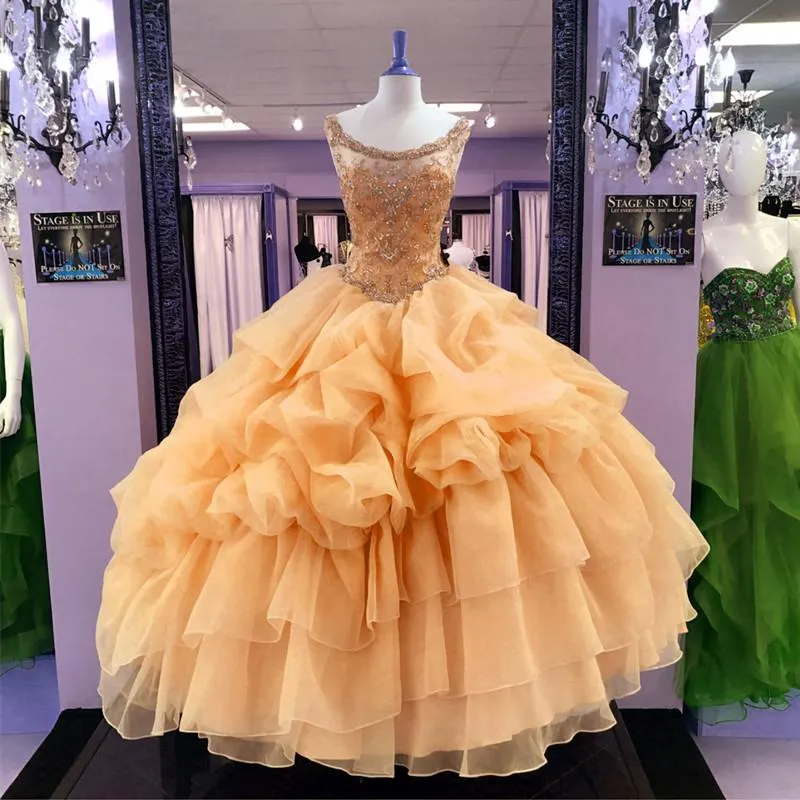 Jewelry Neck Beaded Bodice Organza Layered Ball Gowns Quinceanera Dresses