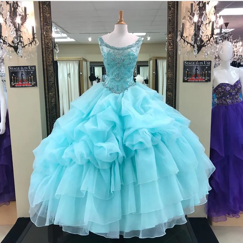 Jewelry Neck Beaded Bodice Organza Layered Ball Gowns Quinceanera Dresses