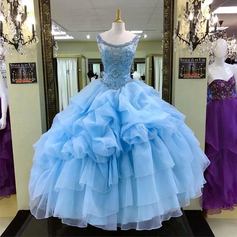 Jewelry Neck Beaded Bodice Organza Layered Ball Gowns Quinceanera Dresses