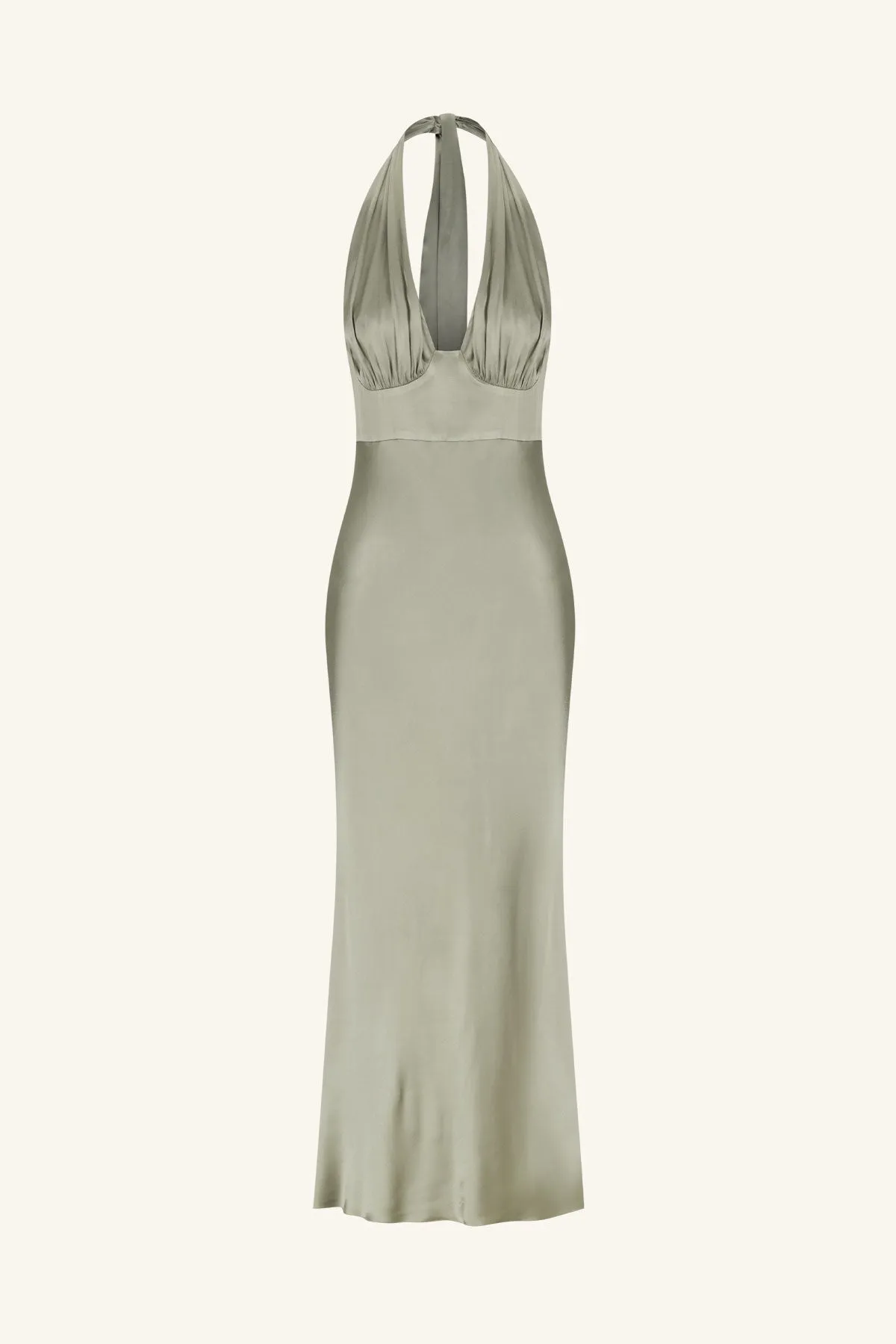 LA LUNE PLUNGED HALTER MIDI DRESS - SAGE