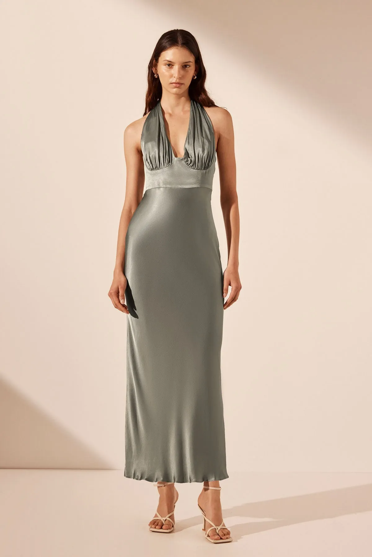 LA LUNE PLUNGED HALTER MIDI DRESS - SAGE