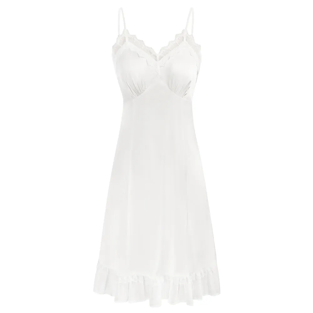 Lace Trim Full Slip Comfy Spaghetti Strap V-Neck Ruffled Hem Slip Dress