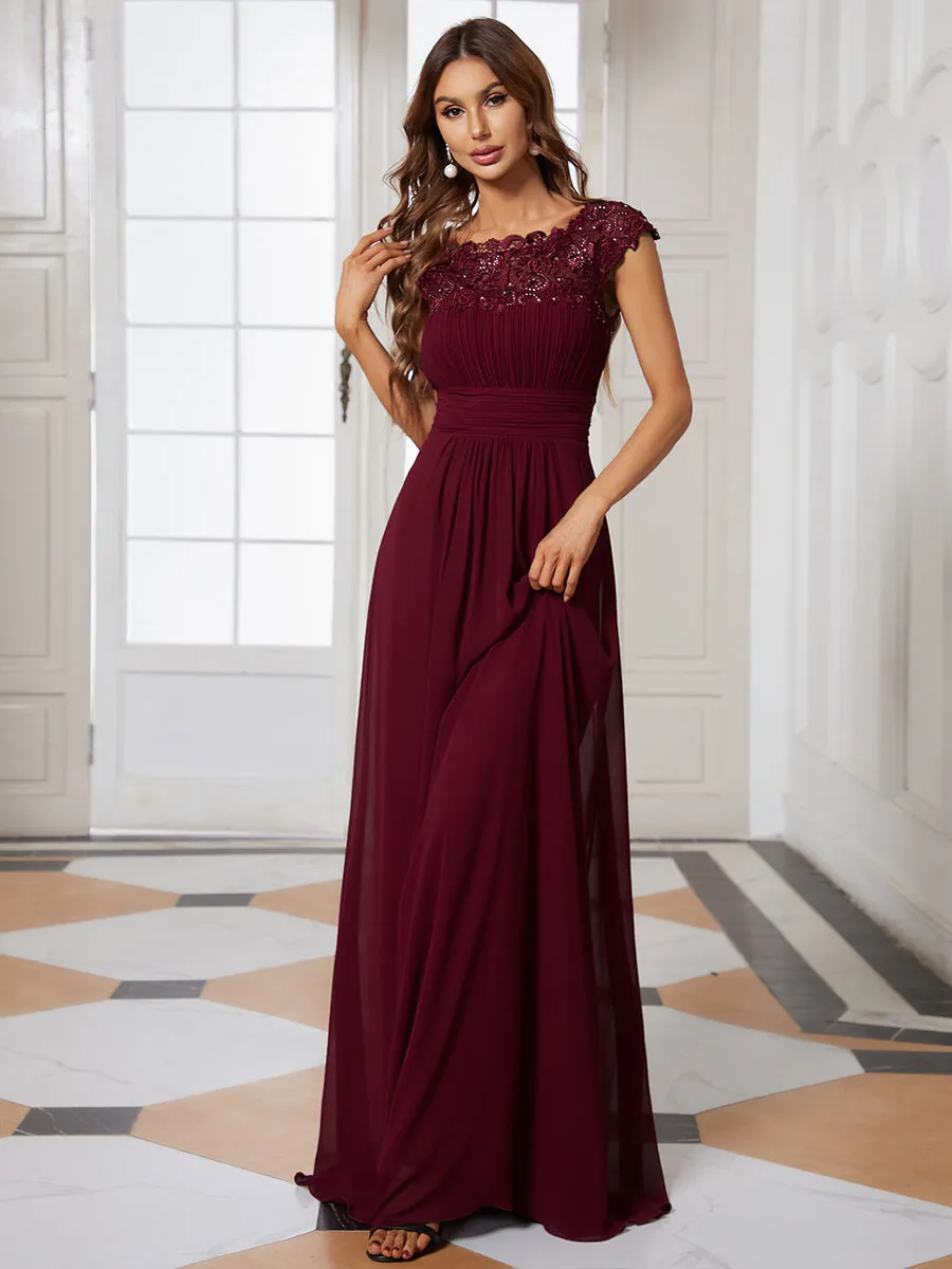 Lacey Neckline Open Back Ruched Bust Evening Dresses