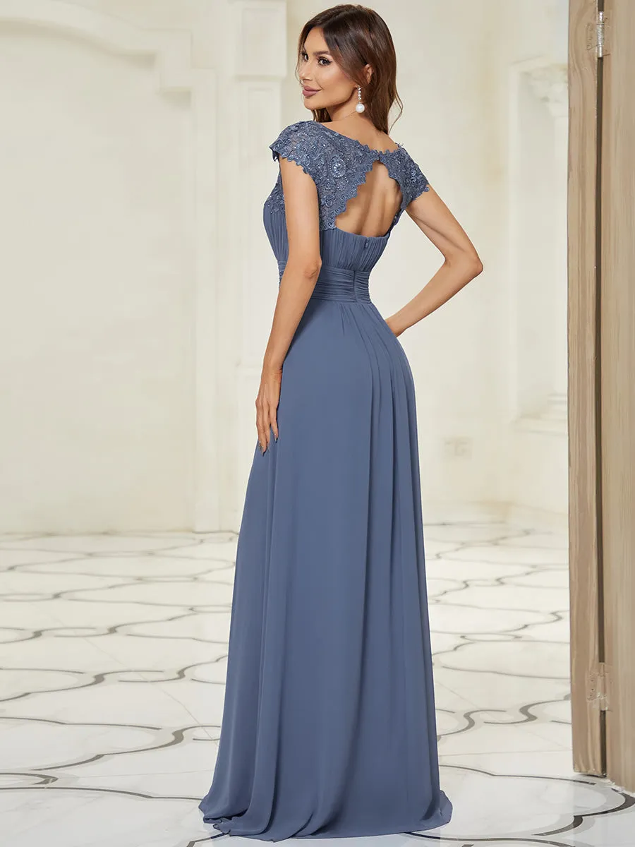 Lacey Neckline Open Back Ruched Bust Evening Dresses