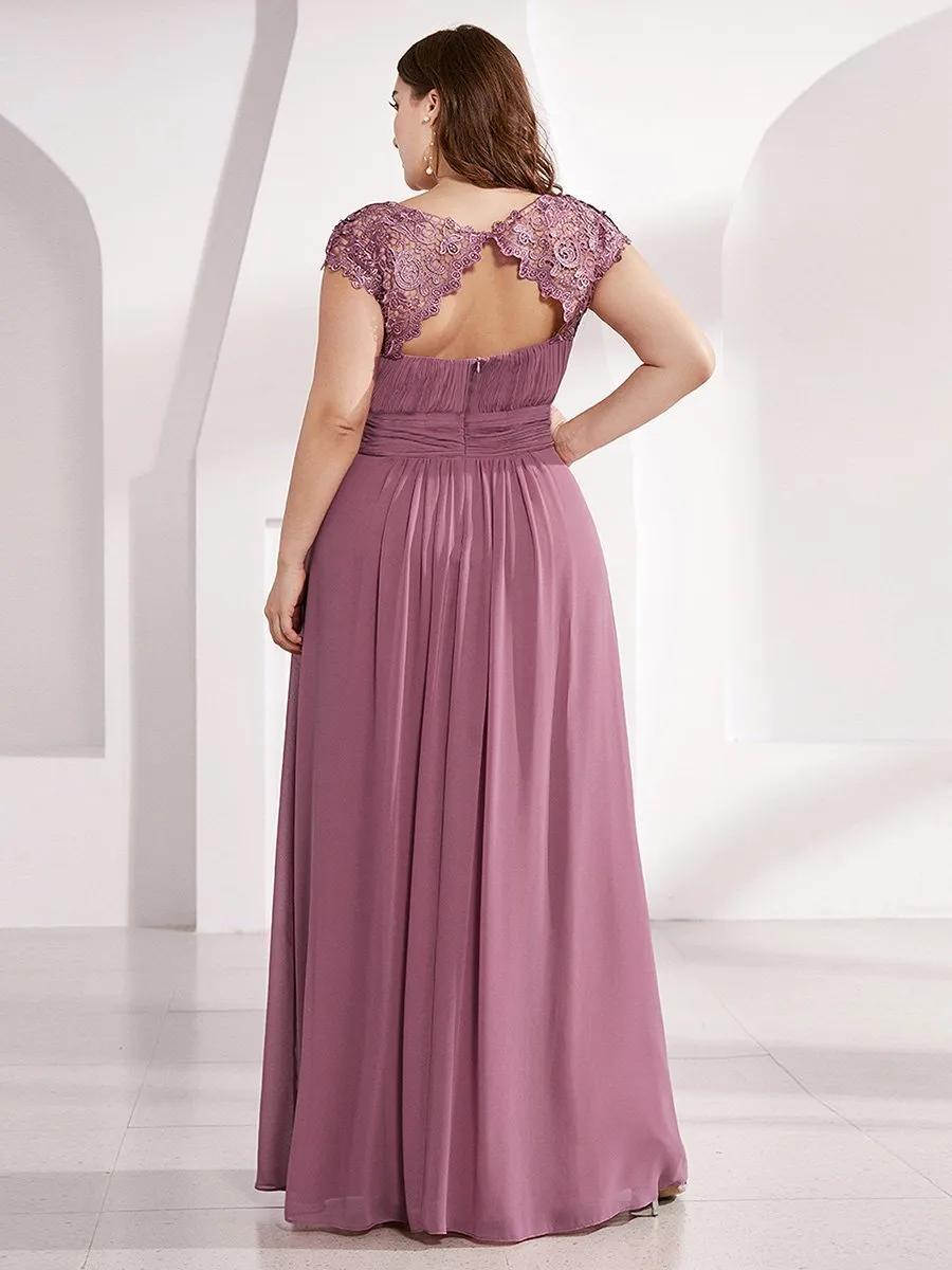 Lacey Neckline Open Back Ruched Bust Plus Size Evening Dresses