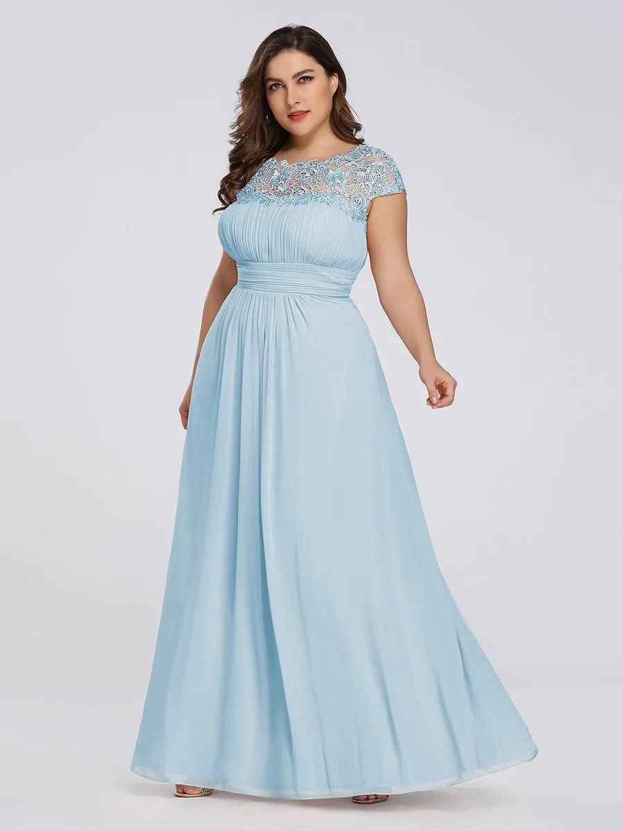 Lacey Neckline Open Back Ruched Bust Plus Size Evening Dresses