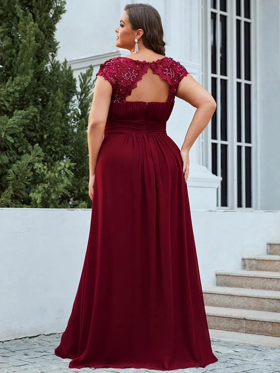 Lacey Neckline Open Back Ruched Bust Plus Size Evening Dresses