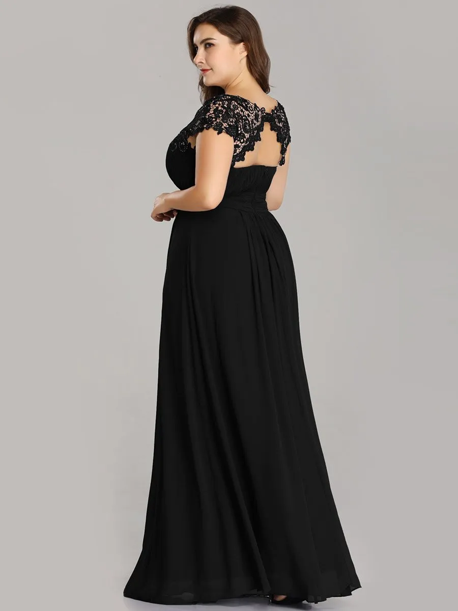 Lacey Neckline Open Back Ruched Bust Plus Size Evening Dresses