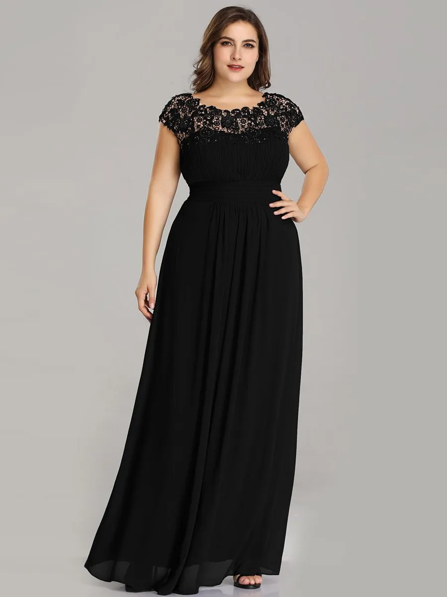 Lacey Neckline Open Back Ruched Bust Plus Size Evening Dresses