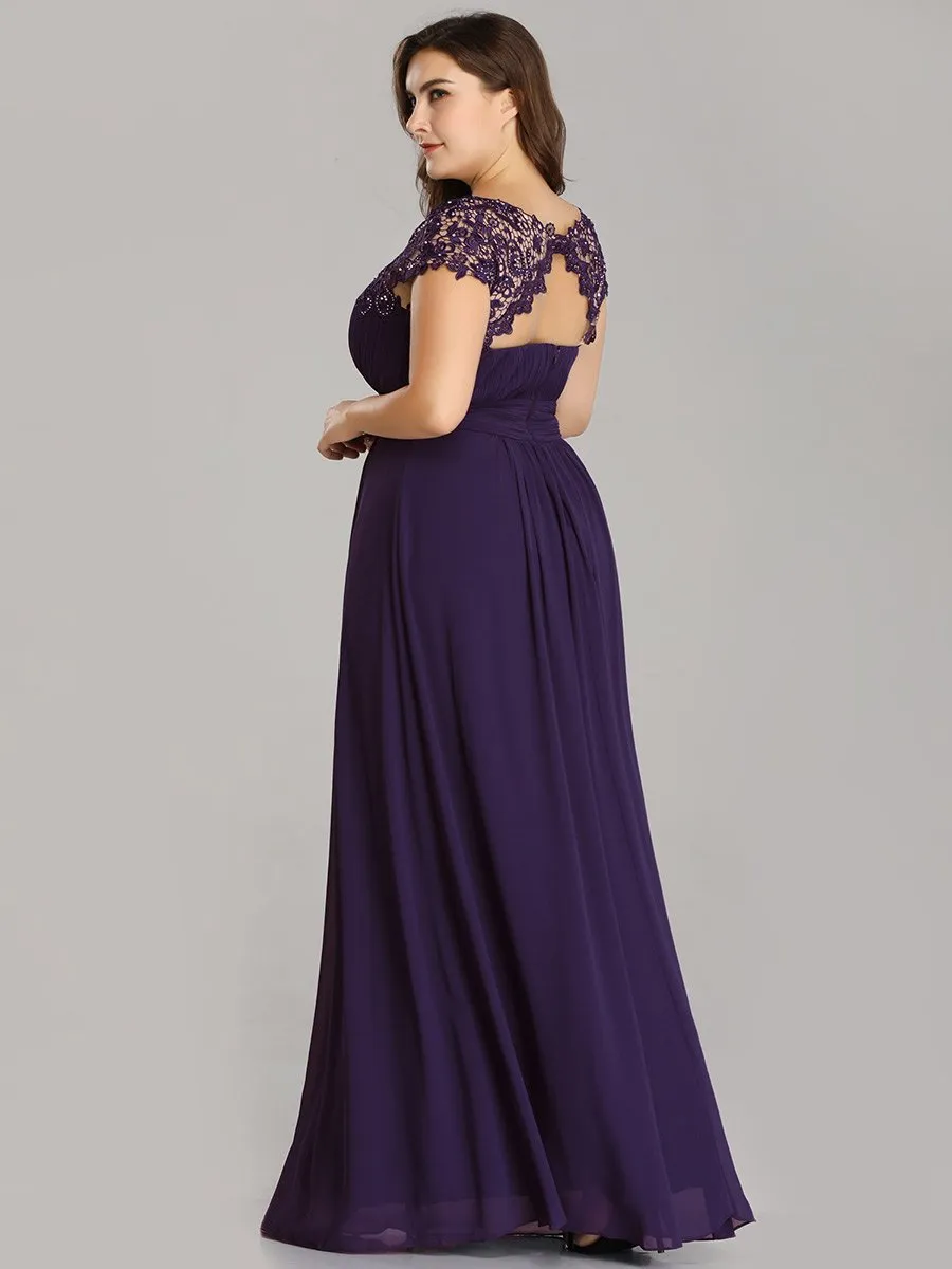 Lacey Neckline Open Back Ruched Bust Plus Size Evening Dresses