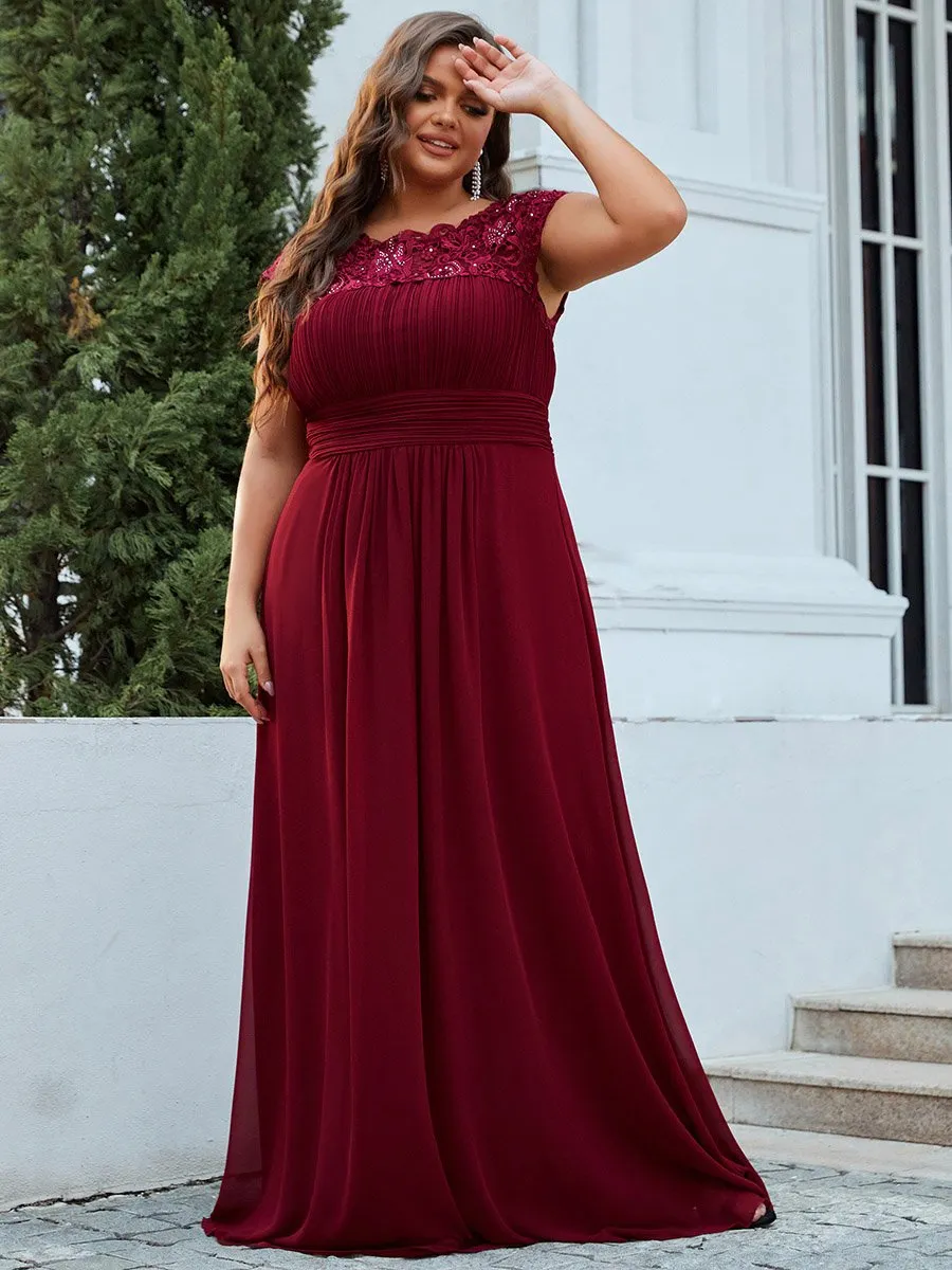 Lacey Neckline Open Back Ruched Bust Plus Size Evening Dresses