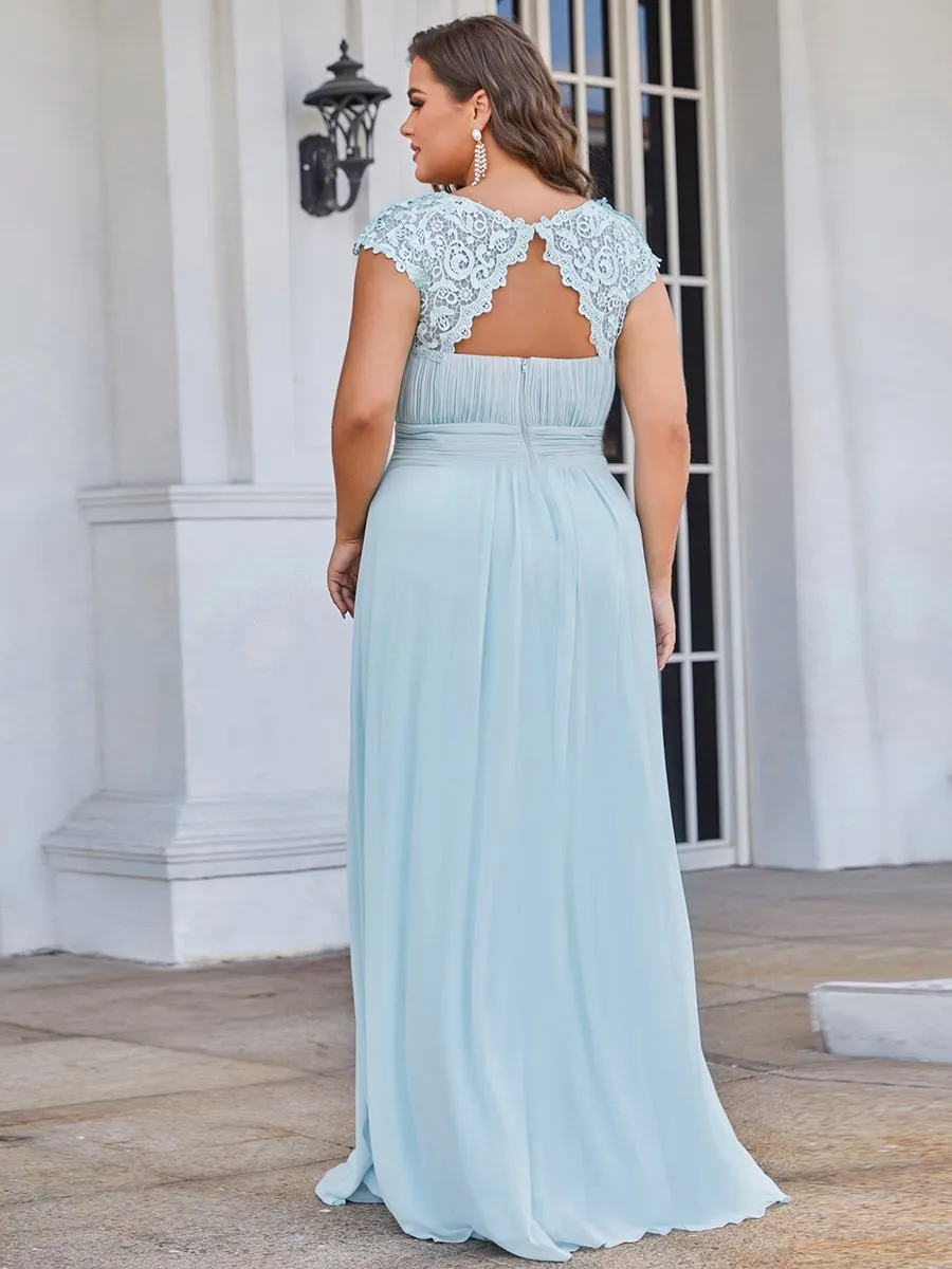 Lacey Neckline Open Back Ruched Bust Plus Size Evening Dresses