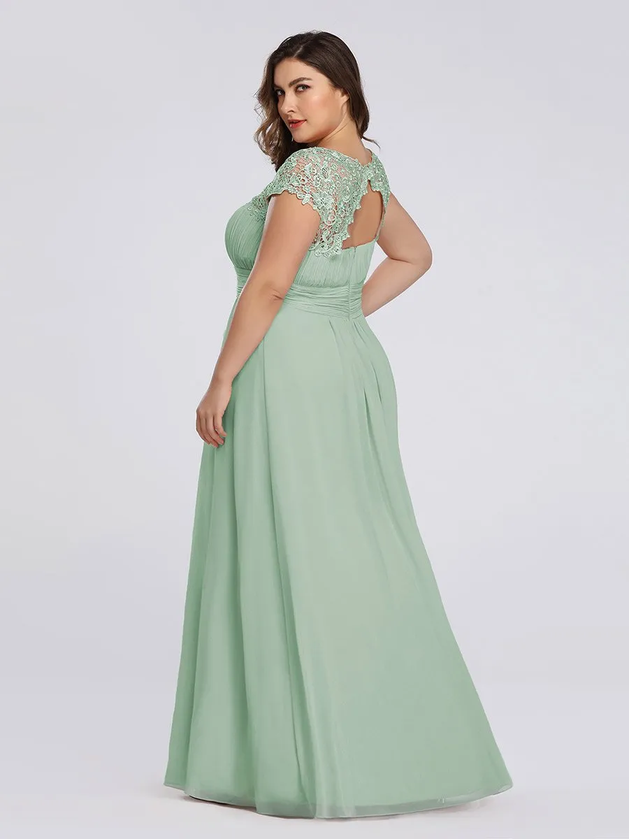 Lacey Neckline Open Back Ruched Bust Plus Size Evening Dresses