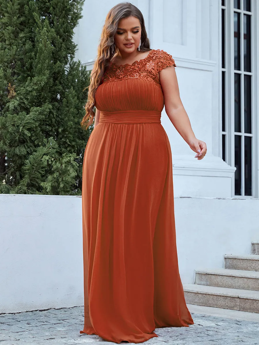 Lacey Neckline Open Back Ruched Bust Plus Size Evening Dresses