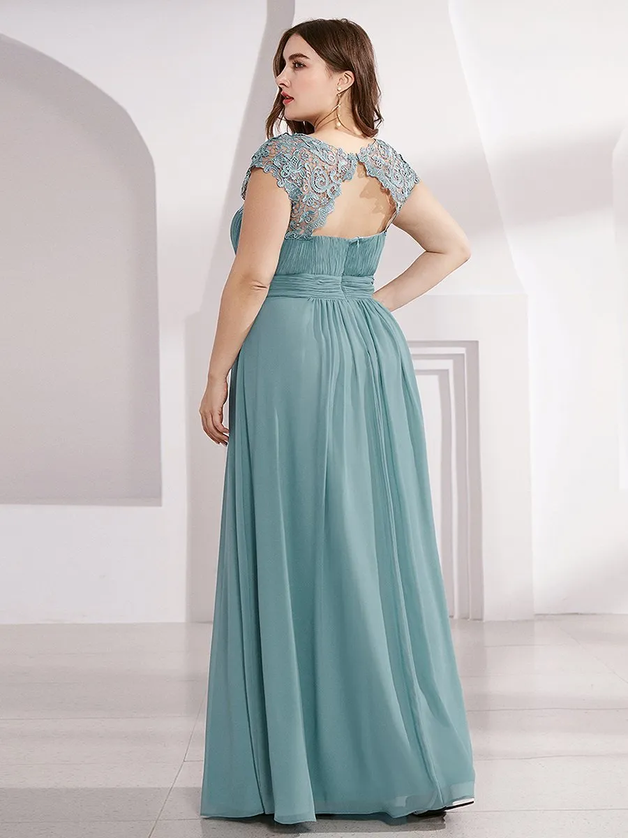 Lacey Neckline Open Back Ruched Bust Plus Size Evening Dresses