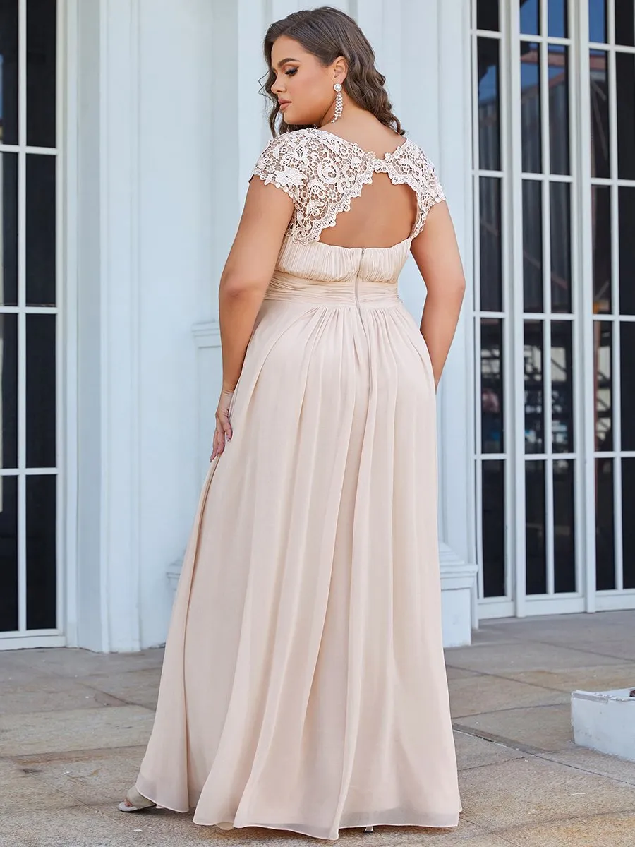 Lacey Neckline Open Back Ruched Bust Plus Size Evening Dresses