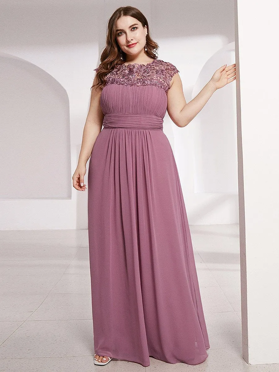 Lacey Neckline Open Back Ruched Bust Plus Size Evening Dresses