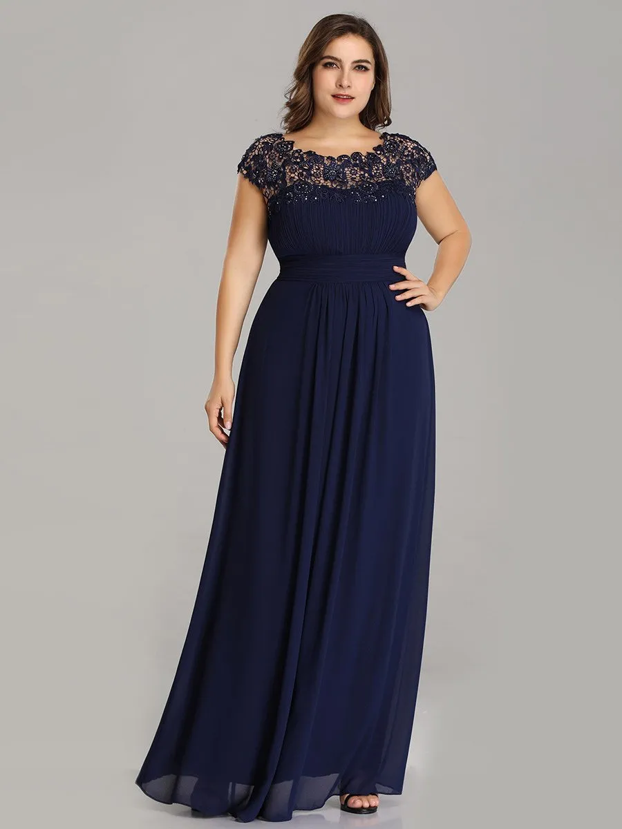 Lacey Neckline Open Back Ruched Bust Plus Size Evening Dresses