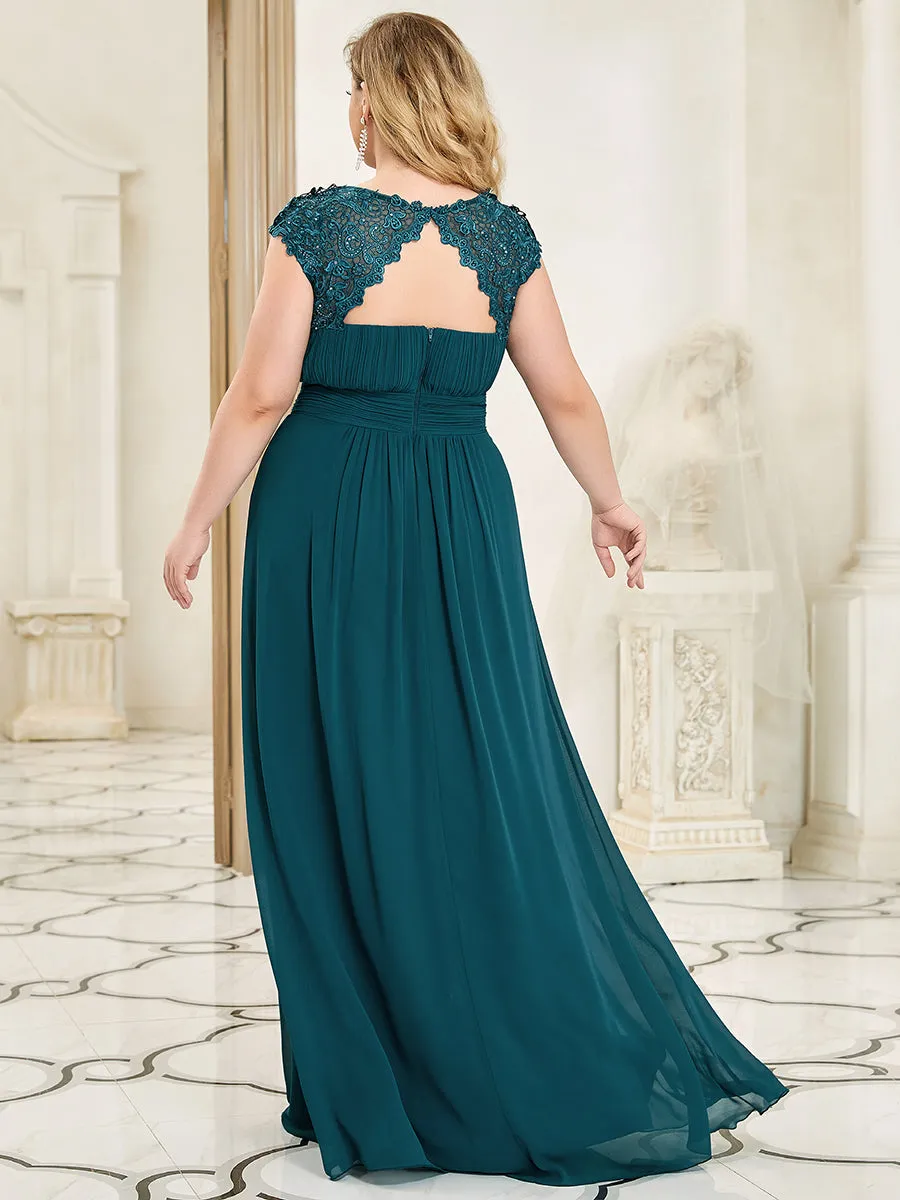 Lacey Neckline Open Back Ruched Bust Plus Size Evening Dresses