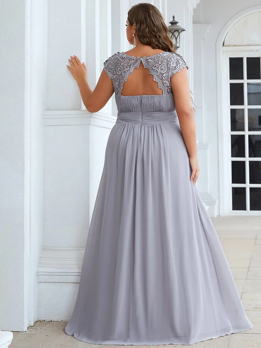 Lacey Neckline Open Back Ruched Bust Plus Size Evening Dresses