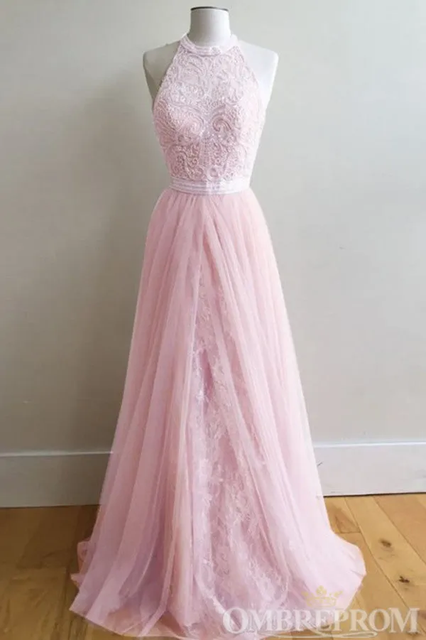 Light Pink Halter Sleeveless A Line Lace Prom Dresses