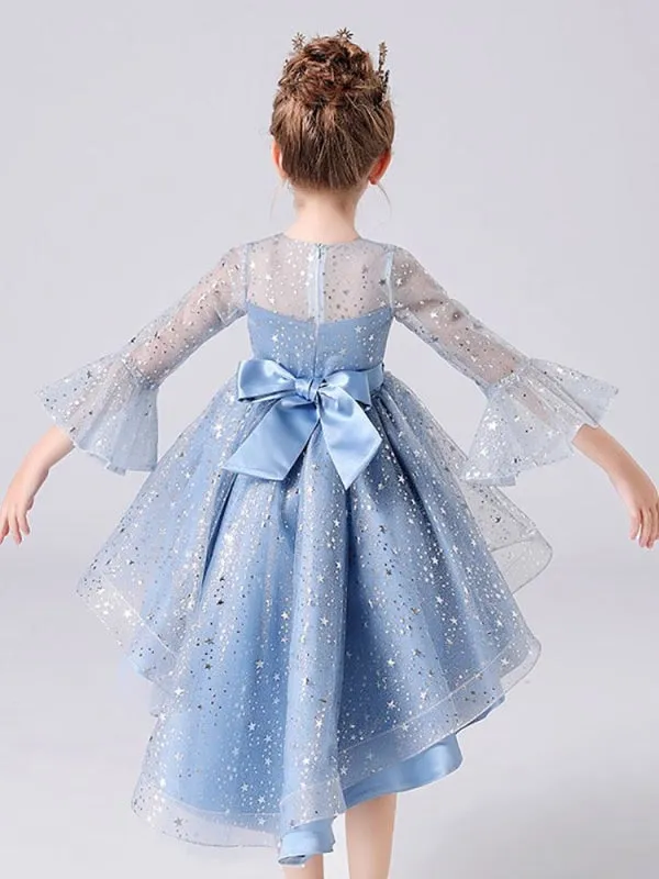 Light Sky Blue Flower Girl Dresses Half Sleeves Sequins Formal Kids Pageant Dresses