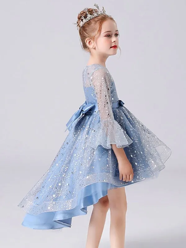 Light Sky Blue Flower Girl Dresses Half Sleeves Sequins Formal Kids Pageant Dresses