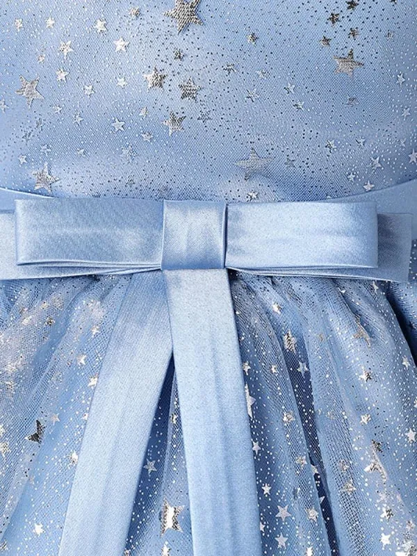 Light Sky Blue Flower Girl Dresses Half Sleeves Sequins Formal Kids Pageant Dresses