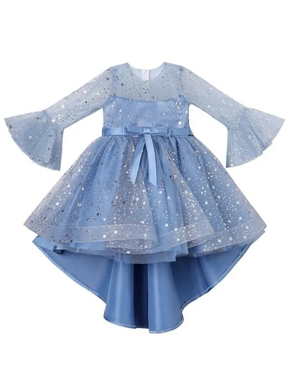 Light Sky Blue Flower Girl Dresses Half Sleeves Sequins Formal Kids Pageant Dresses