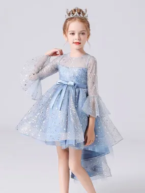 Light Sky Blue Flower Girl Dresses Half Sleeves Sequins Formal Kids Pageant Dresses