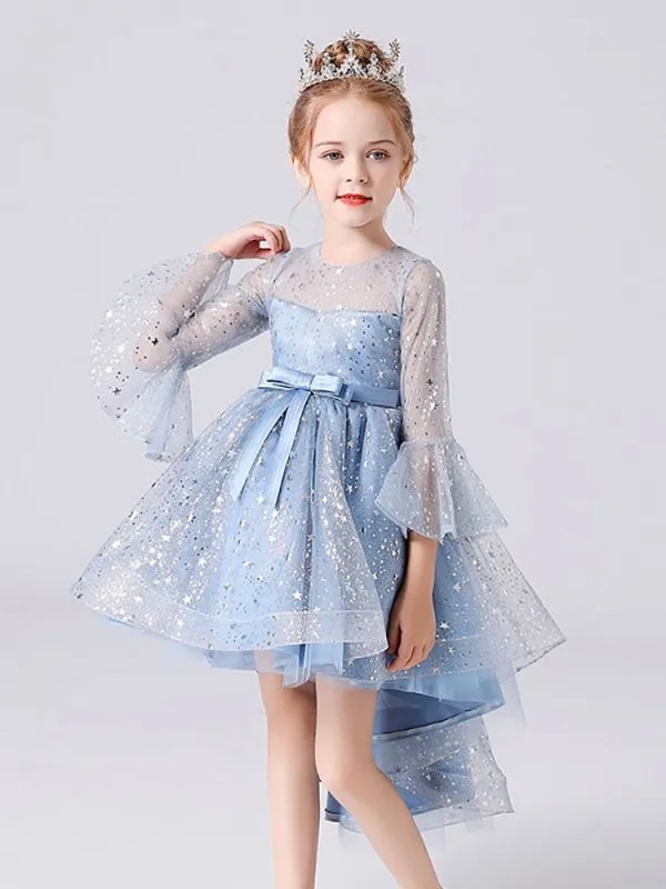 Light Sky Blue Flower Girl Dresses Half Sleeves Sequins Formal Kids Pageant Dresses