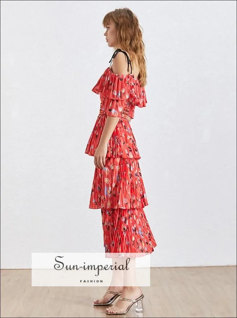 Lird Dress - Red Vintage Floral Print Midi Dress off Shoulder Tie Strap Ruffles Dress