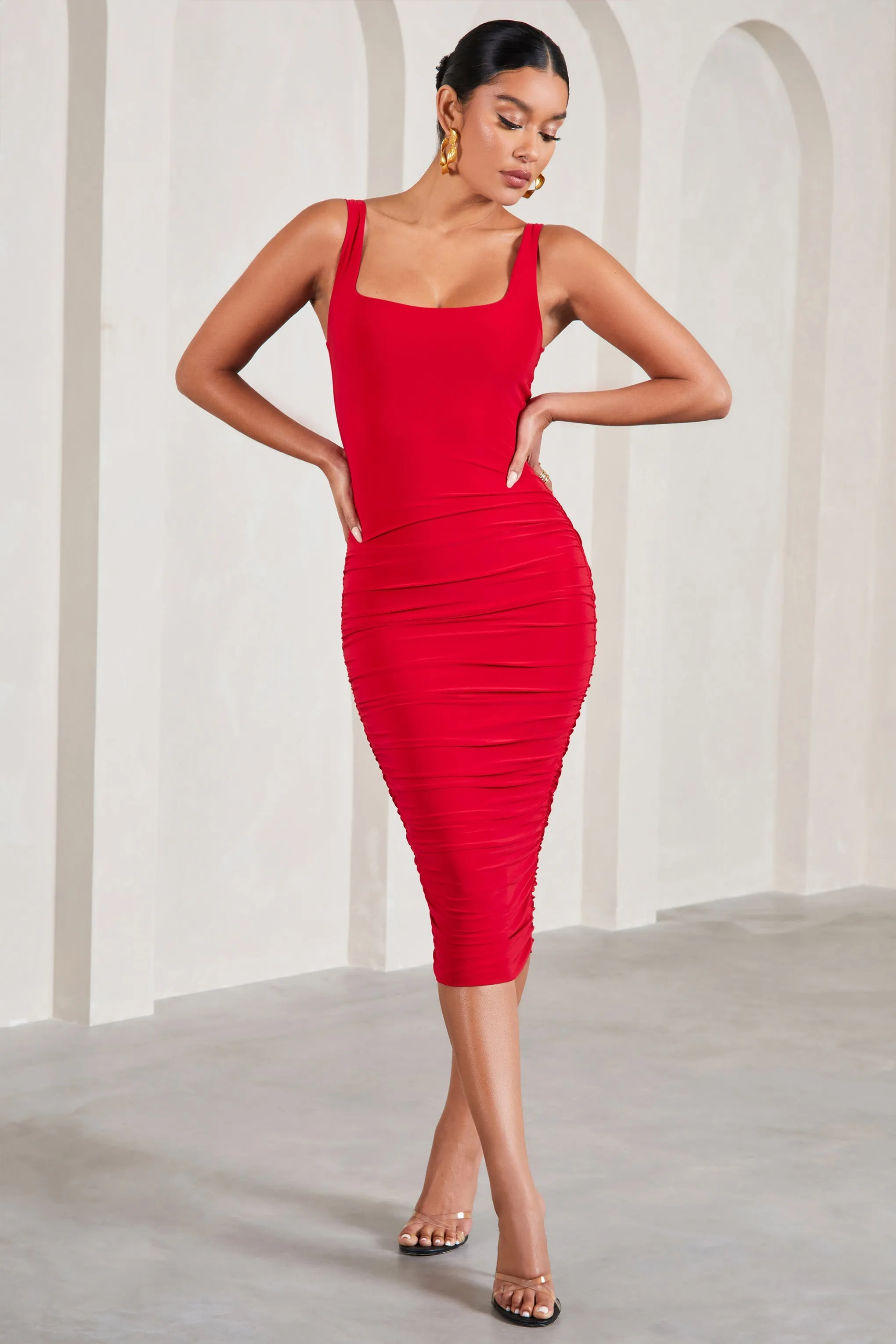 Lisbon | Red Square Neck Ruched Midi Dress