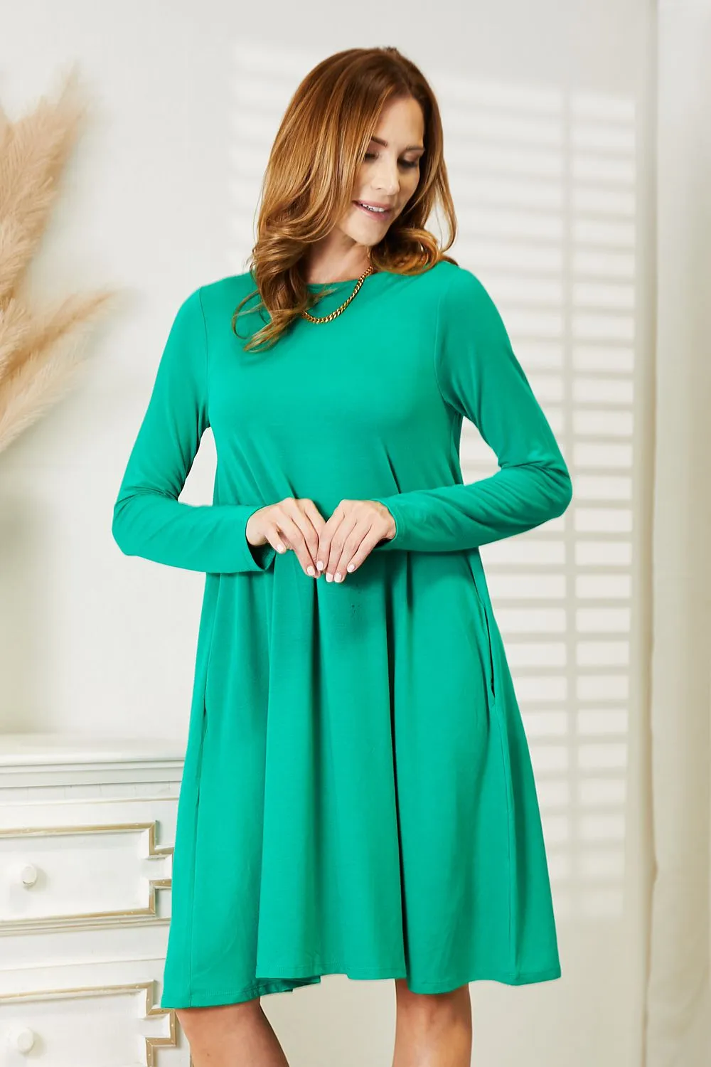 Long Sleeve Flare Dress with Pockets in Teal