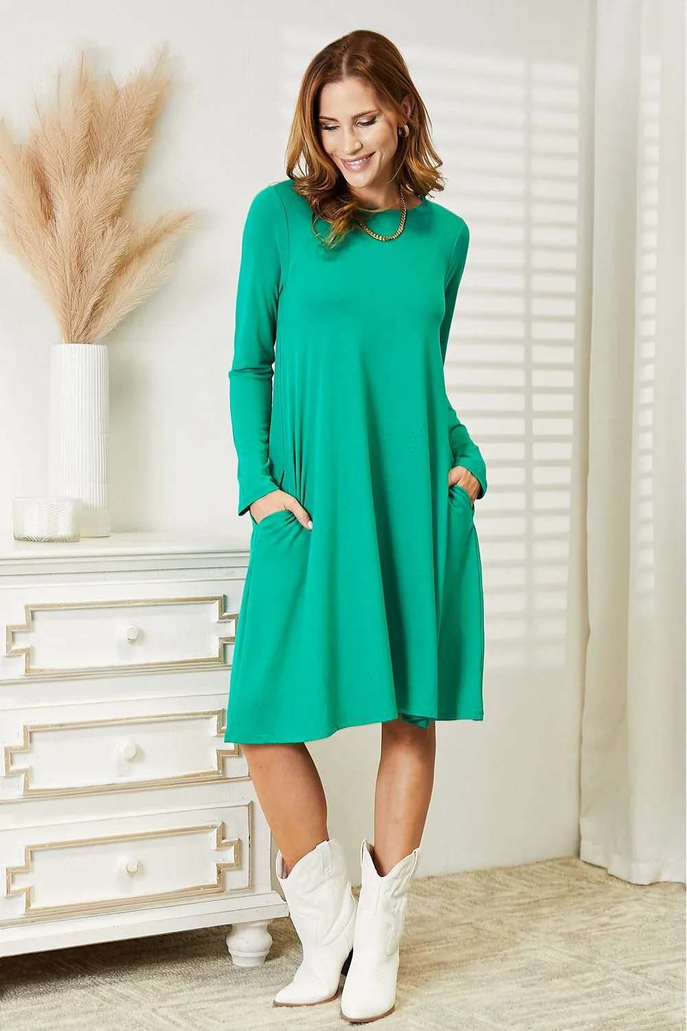 Long Sleeve Flare Dress with Pockets in Teal