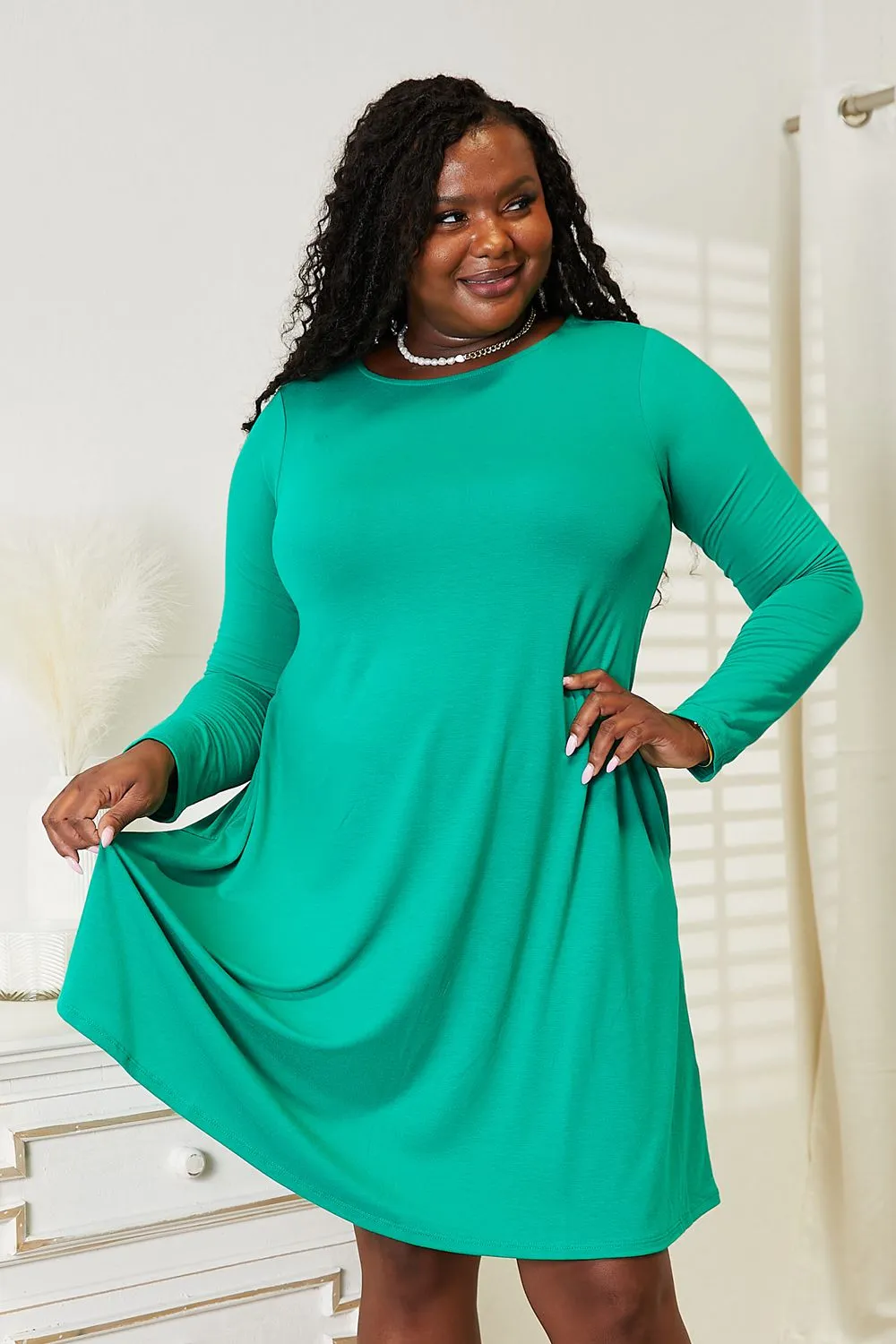 Long Sleeve Flare Dress with Pockets in Teal