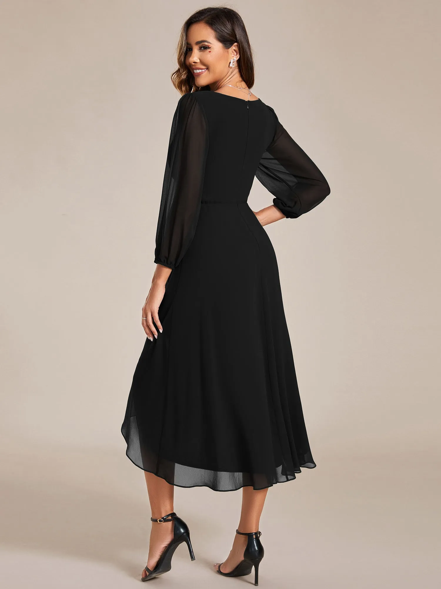 Long Sleeves Pleated Ruffles Chiffon Wholesale Wedding Guest Dresses