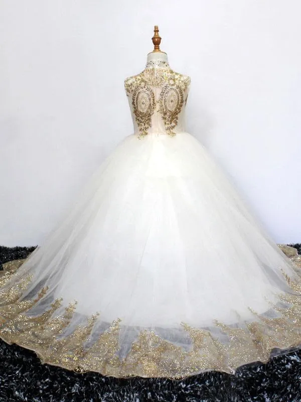 Lovely Stand Collar Flower Girl Dresses with Seqiuns Gold Applique Kids Princess Dresses