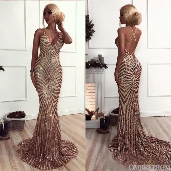 Luxury Spaghetti Straps Deep V Neck Mermaid Prom Dresses