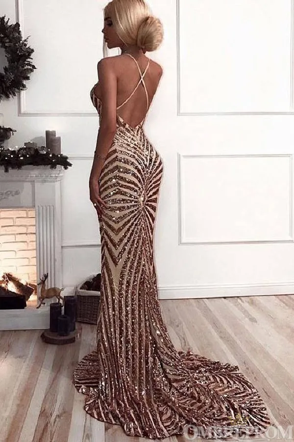 Luxury Spaghetti Straps Deep V Neck Mermaid Prom Dresses