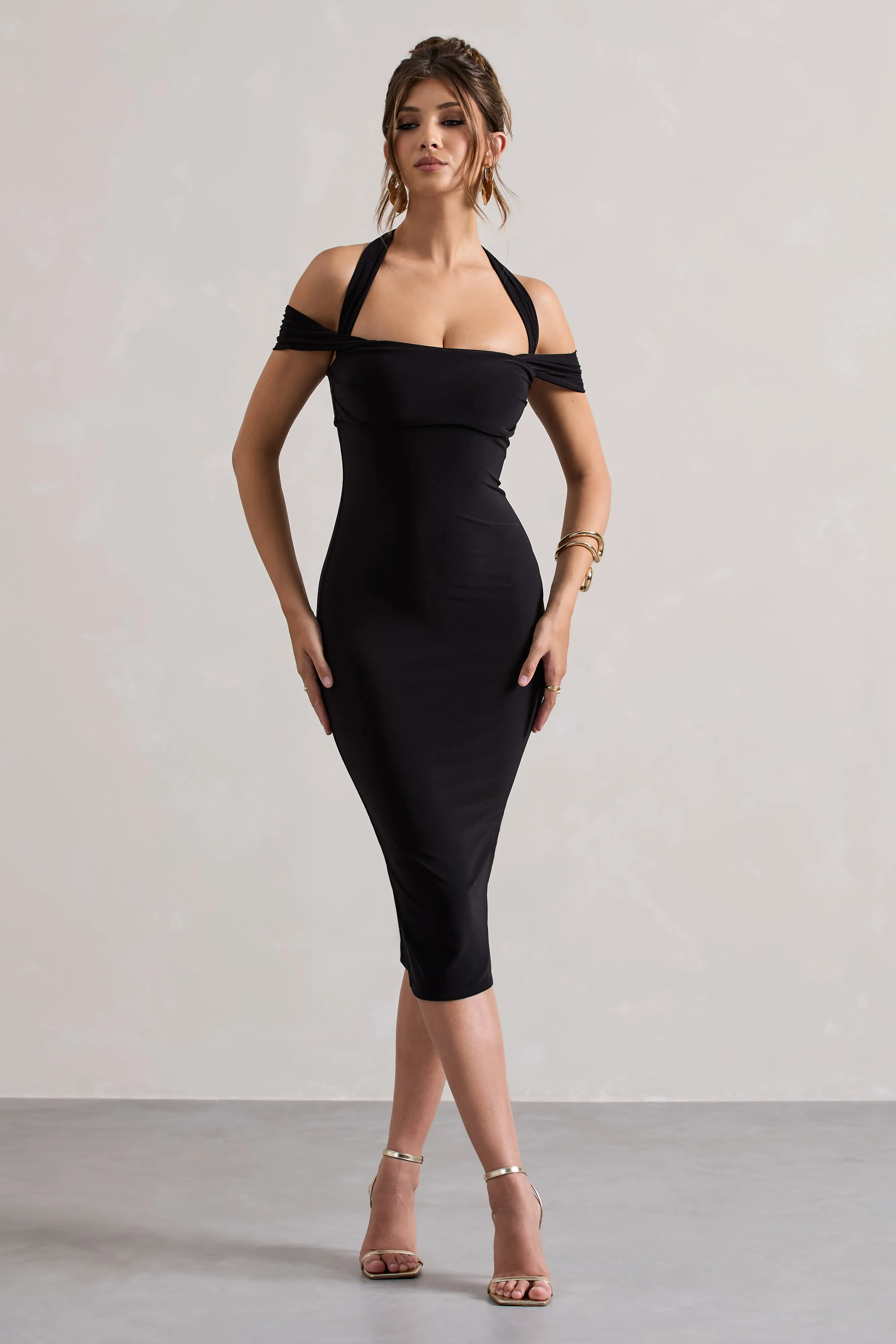 Marla | Black Halter-Neck Draped-Sleeve Midi Dress