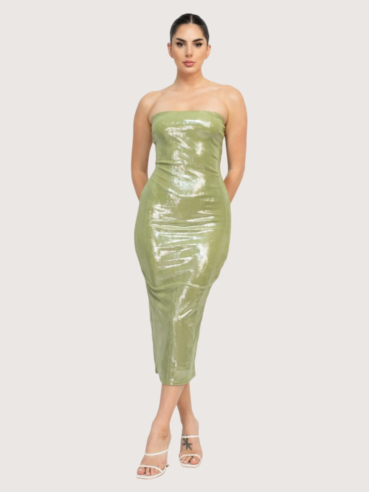 Metallic Strapless Dress | Green