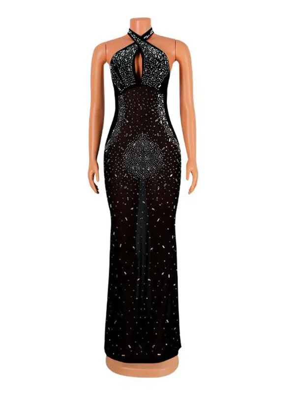 Momnfancy Black Rhinestone Mesh Cut Out Halter Neck Backless Maternity Maxi Dress