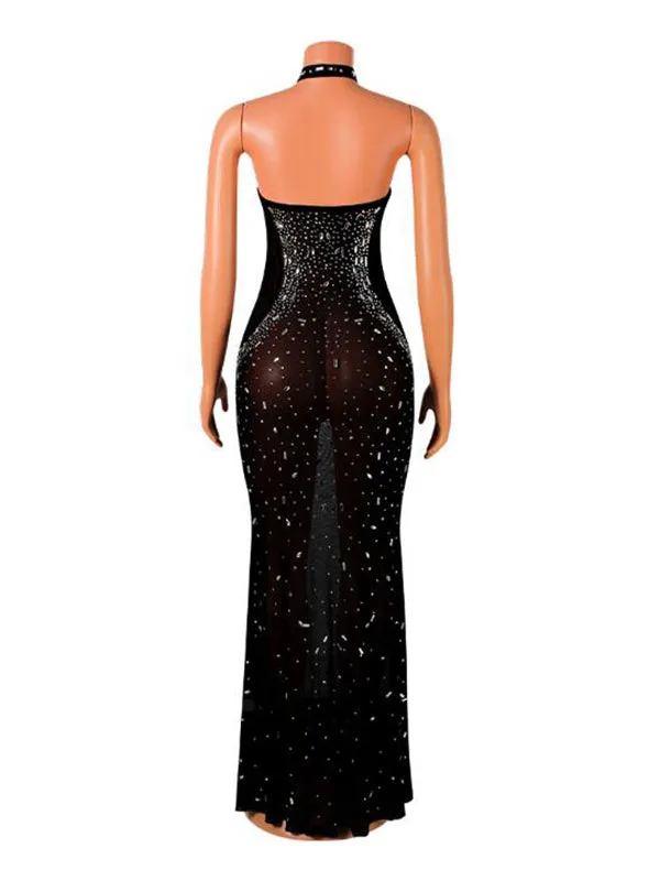 Momnfancy Black Rhinestone Mesh Cut Out Halter Neck Backless Maternity Maxi Dress