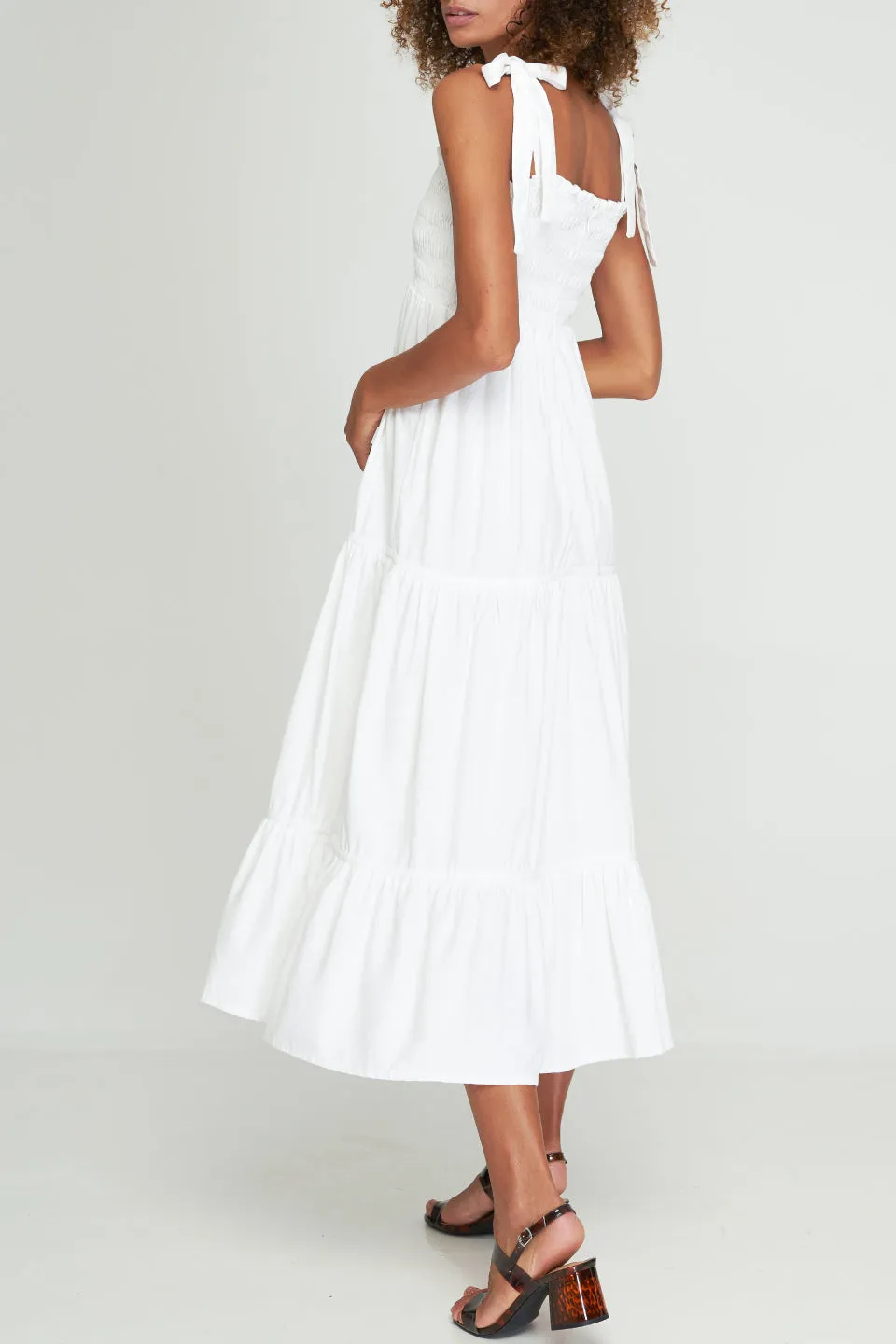 Norah White Shirred Tiered Maxi Dress